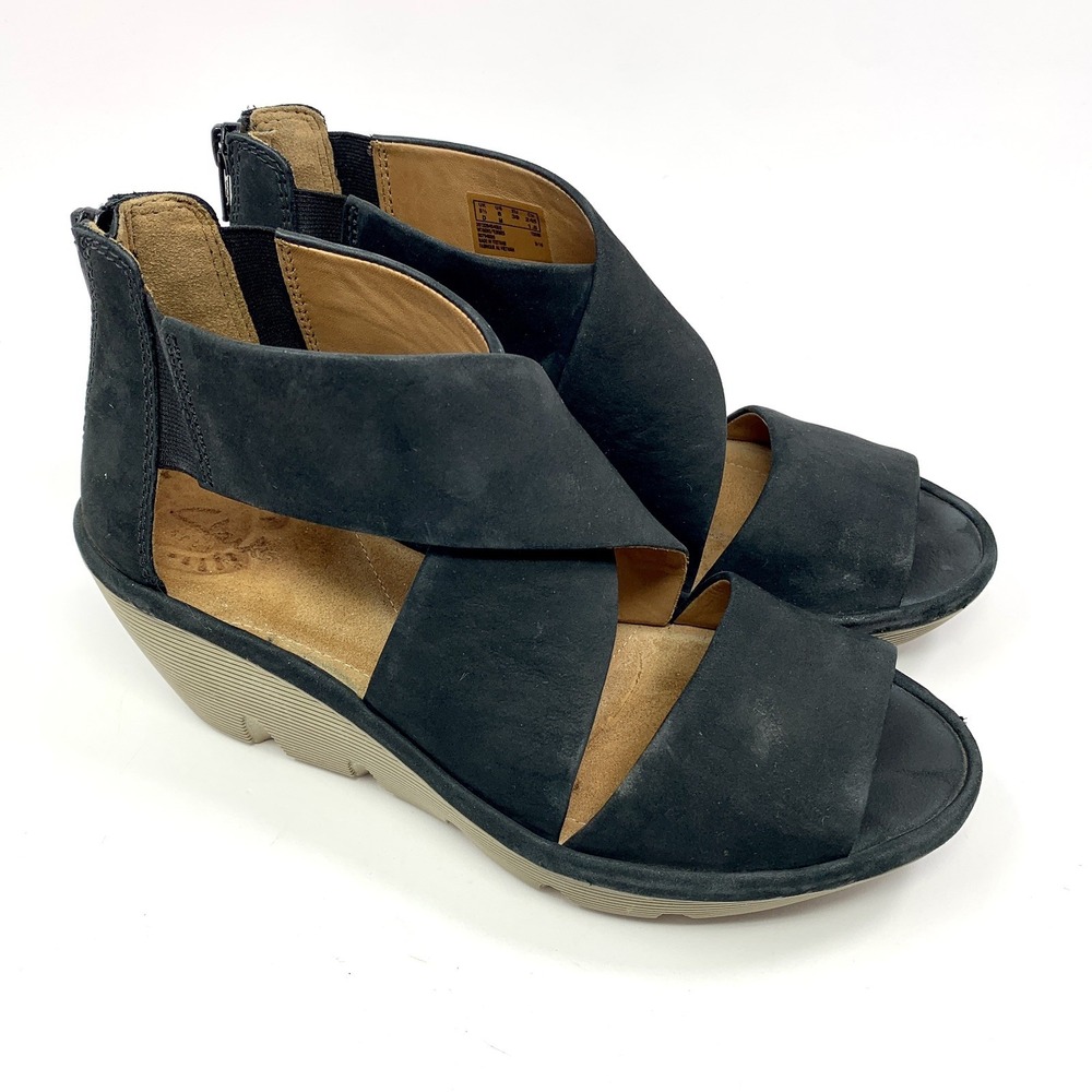 Clarks Clarene Glamor 8 Black Nubuck Leather Suede Strappy Wedge Comfort Sandals